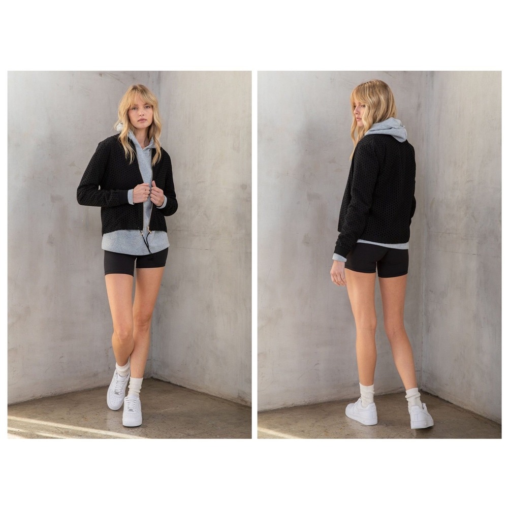 Lovestitch Boho Layering Bomber Jacket M Black Eyelet Zip Up Drawstring Hem